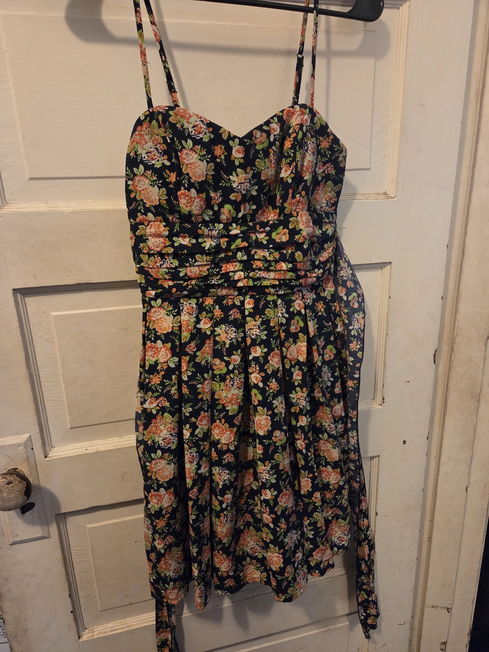 Emerald Sundae Navy Floral Midi Dress with Peach Blooms
